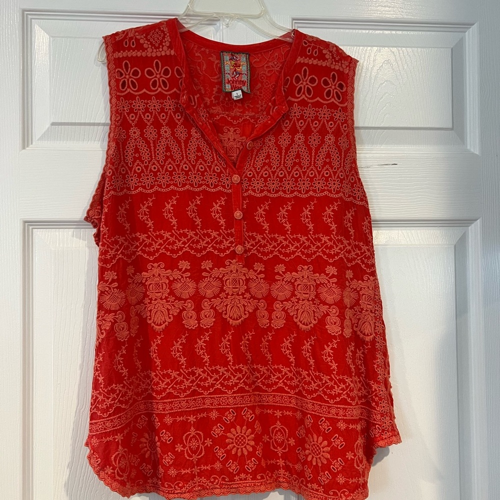 Johnny Was Vibrant Red Embroidered Top